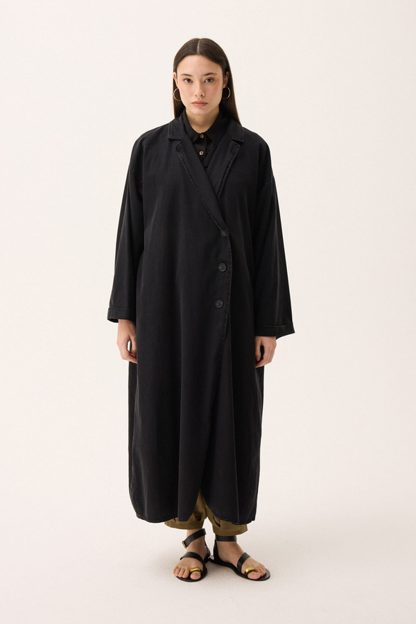 Kruvaze Düğmeli Denim Trençkot Siyah - 8