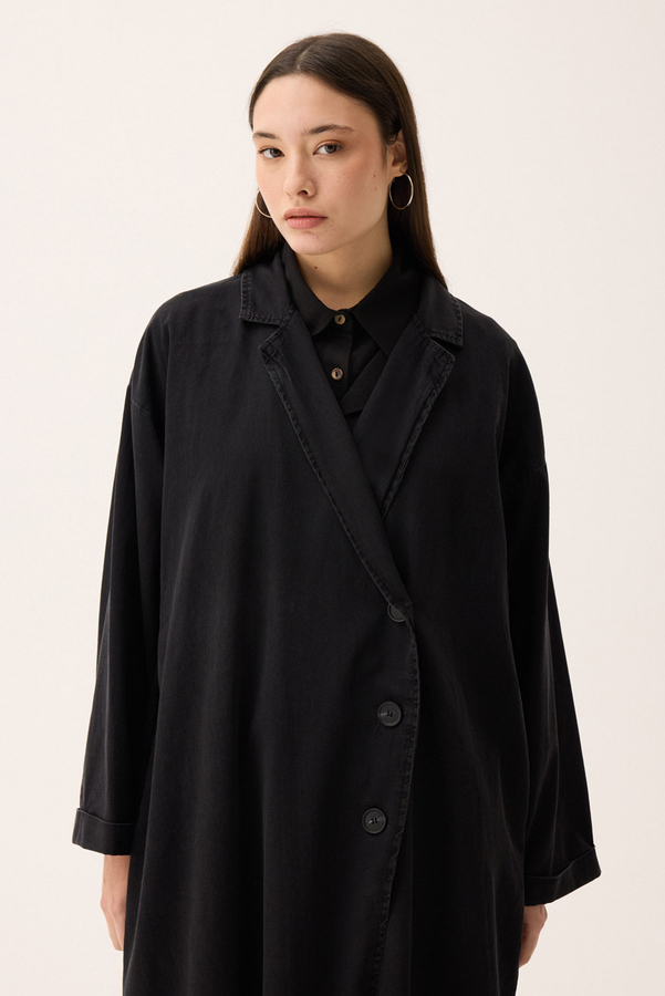 Kruvaze Düğmeli Denim Trençkot Siyah - 13