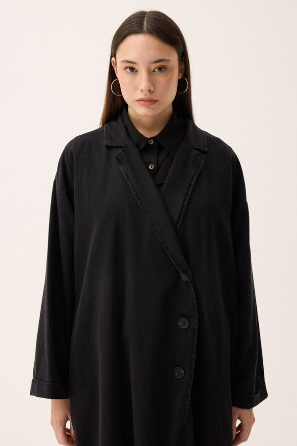 Kruvaze Düğmeli Denim Trençkot Siyah - 14