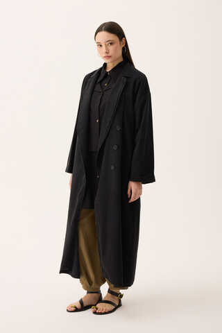 Kruvaze Düğmeli Denim Trençkot Siyah - 3