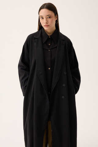 Kruvaze Düğmeli Denim Trençkot Siyah - 1