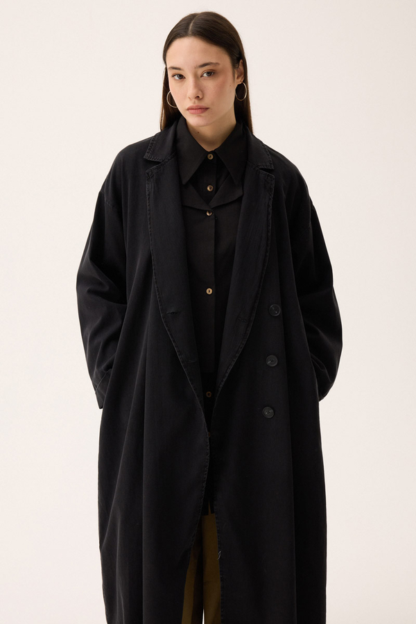Kruvaze Düğmeli Denim Trençkot Siyah - 1