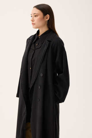 Kruvaze Düğmeli Denim Trençkot Siyah - 5