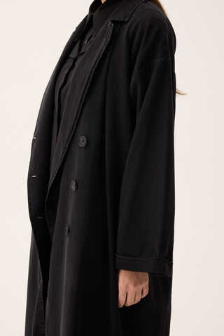 Kruvaze Düğmeli Denim Trençkot Siyah - 6