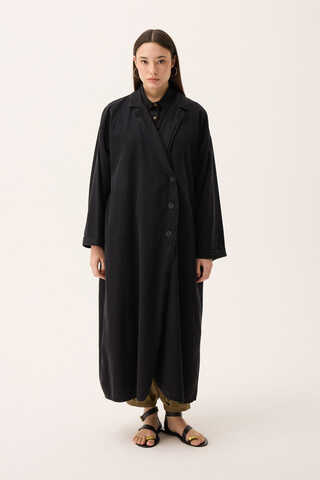 Kruvaze Düğmeli Denim Trençkot Siyah - 8