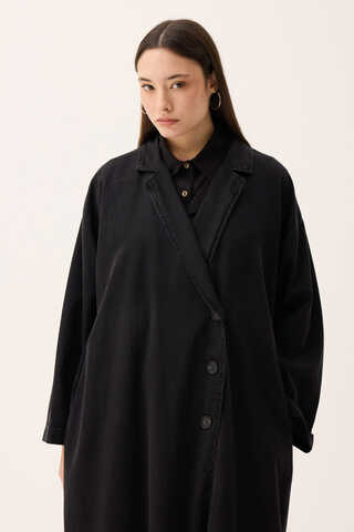 Kruvaze Düğmeli Denim Trençkot Siyah - 12