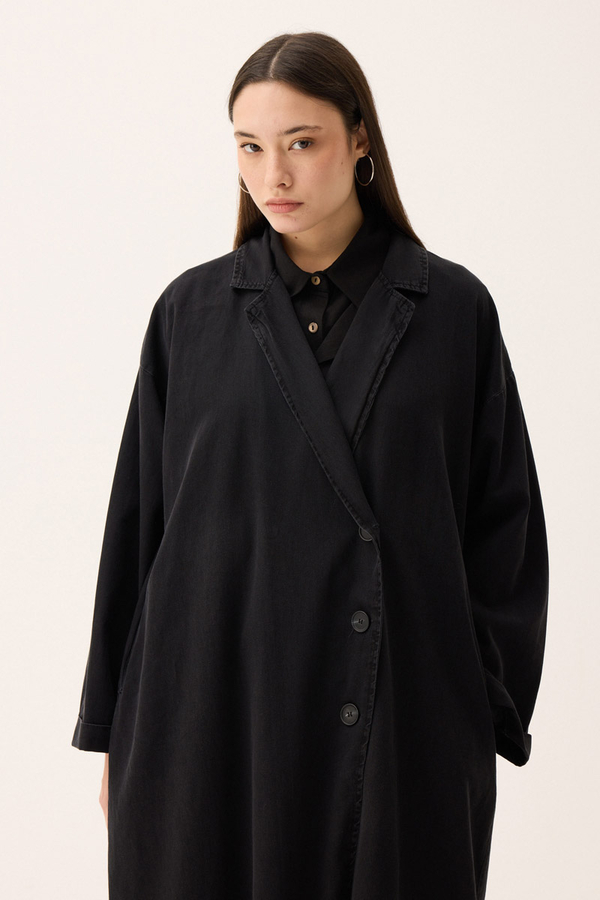 Kruvaze Düğmeli Denim Trençkot Siyah - 12