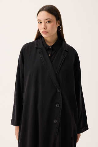 Kruvaze Düğmeli Denim Trençkot Siyah - 13