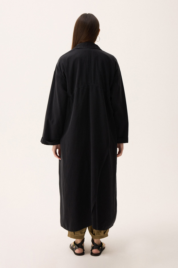 Kruvaze Düğmeli Denim Trençkot Siyah - 17