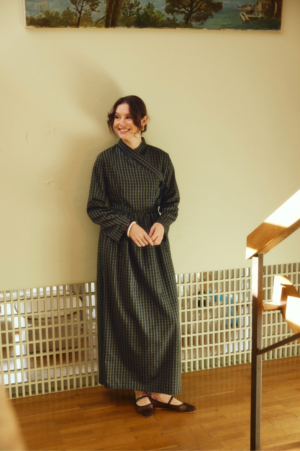 Kruvaze Ekose Desenli Elbise Haki - 2