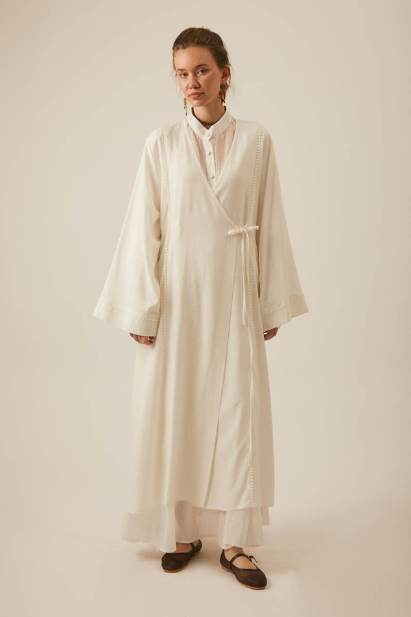Kruvaze Keten Kimono Beyaz - 7