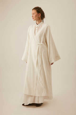Kruvaze Keten Kimono Beyaz - 8