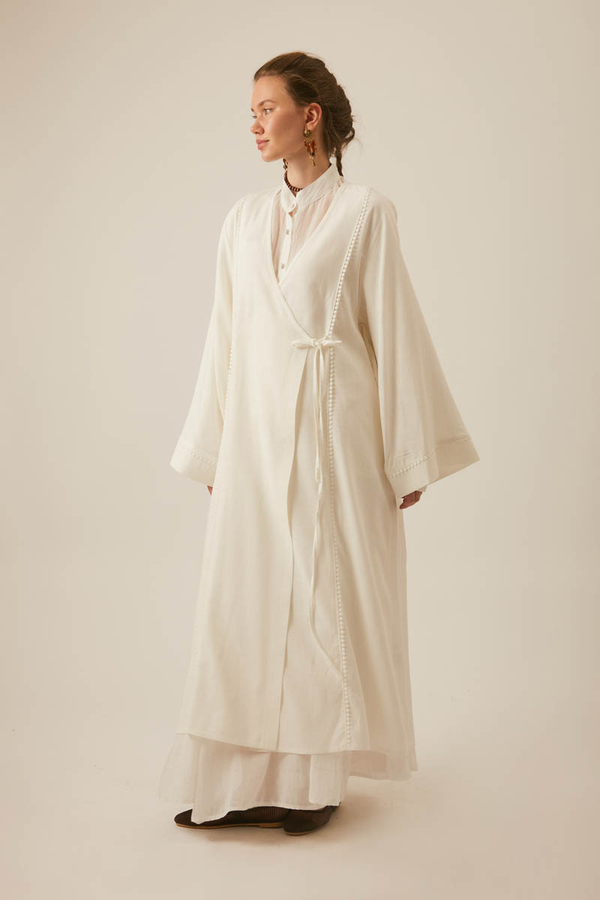 Kruvaze Keten Kimono Beyaz - 8