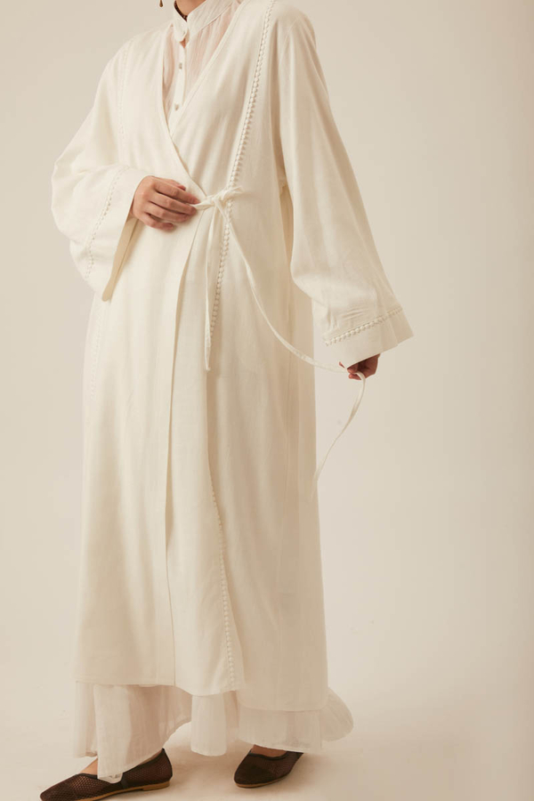 Kruvaze Keten Kimono Beyaz - 9