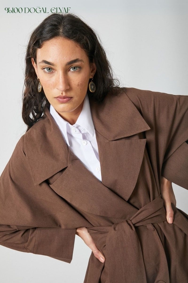 Kruvaze Keten Trenç Kahverengi - 1