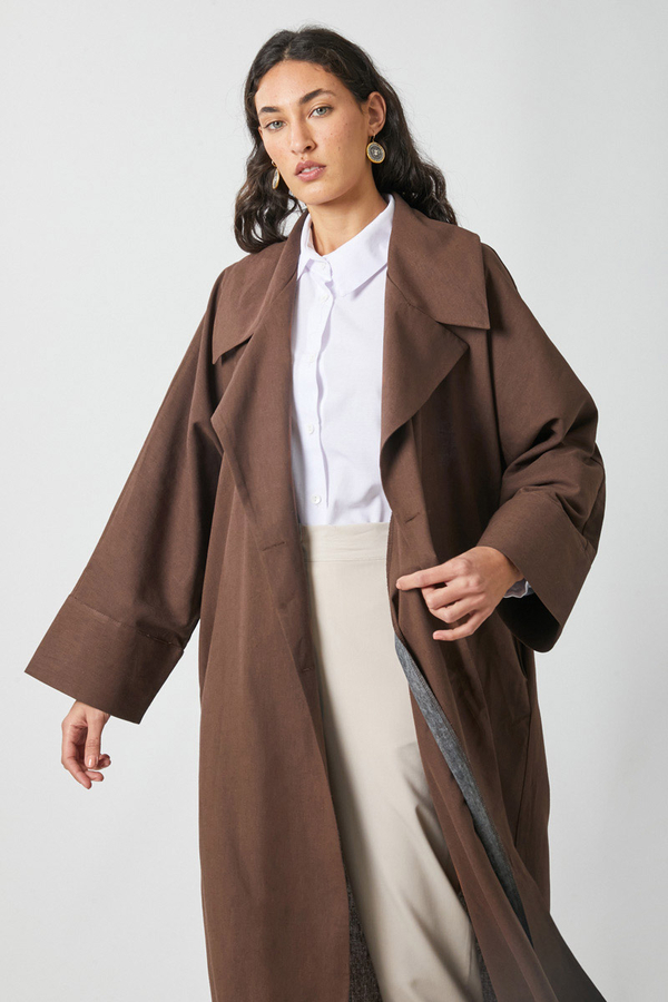 Kruvaze Keten Trenç Kahverengi - 7