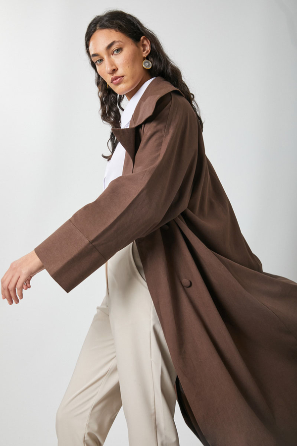 Kruvaze Keten Trenç Kahverengi - 4