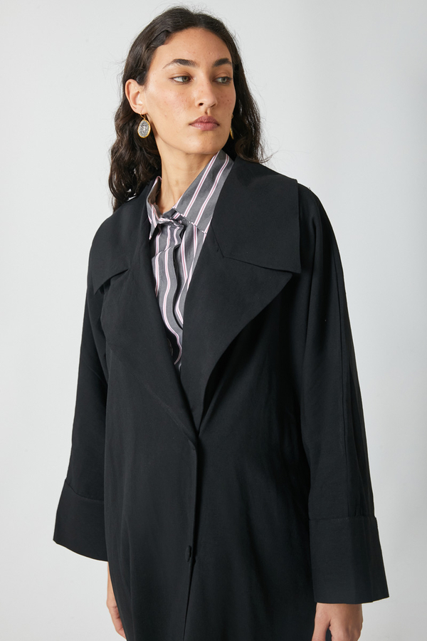 Kruvaze Keten Trenç Siyah - 5