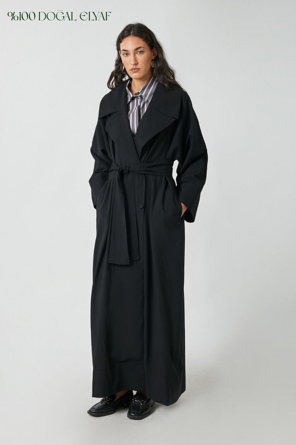 Kruvaze Keten Trenç Siyah - 1