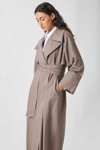 Kruvaze Keten Trenç Vizon - 5