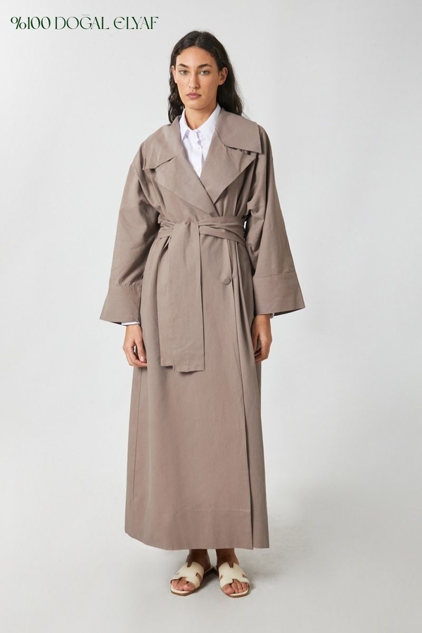 Kruvaze Keten Trenç Vizon - 1