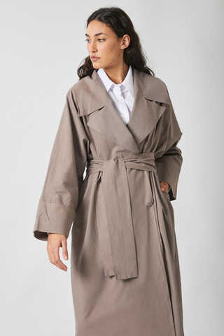 Kruvaze Keten Trenç Vizon - 6