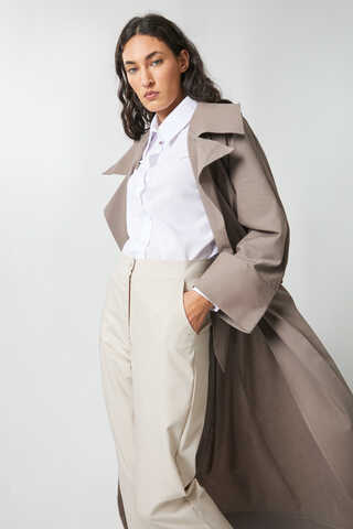 Kruvaze Keten Trenç Vizon - 11