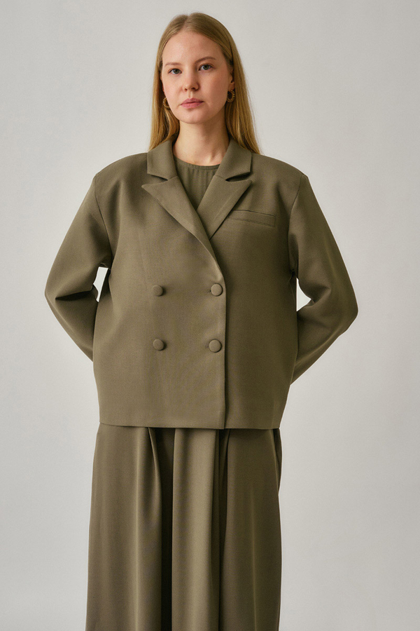 Kruvaze Kısa Ceket Haki - 3