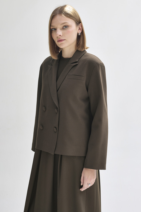 Kruvaze Kısa Ceket Kahverengi - 5