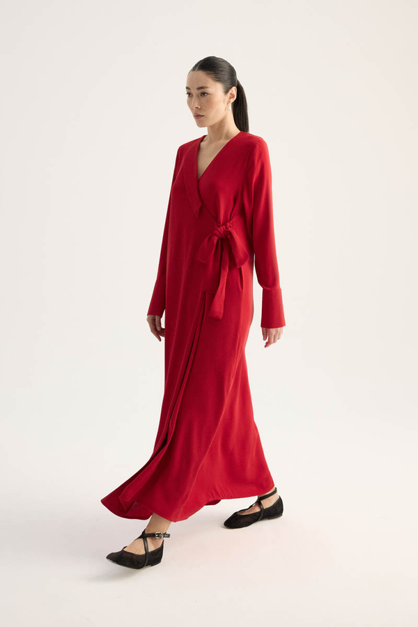 Kruvaze Krep Abaya Kırmızı - 5