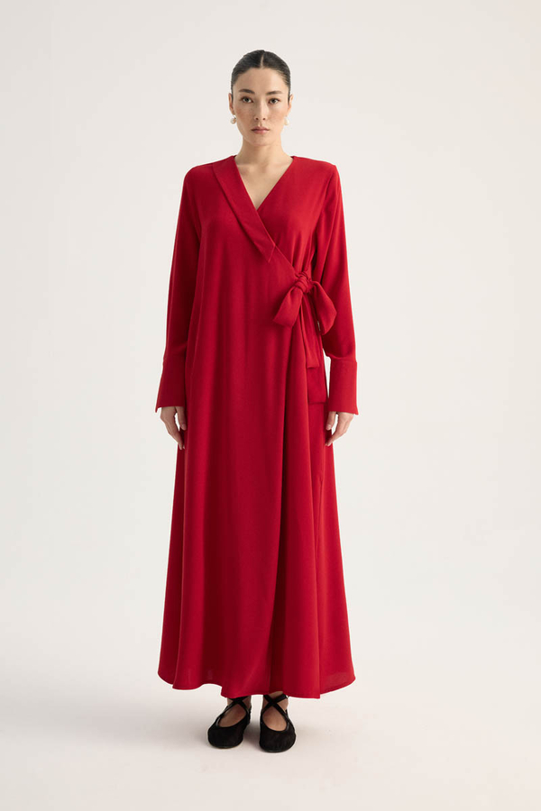 Kruvaze Krep Abaya Kırmızı - 1
