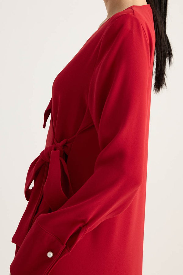 Kruvaze Krep Abaya Kırmızı - 6