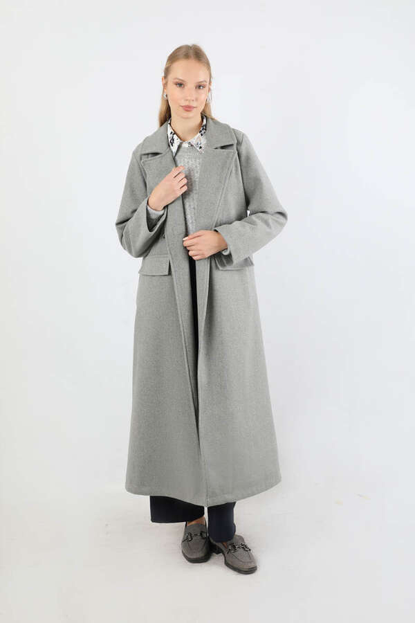 Kruvaze Tokalı Uzun Kaban Gri - 1