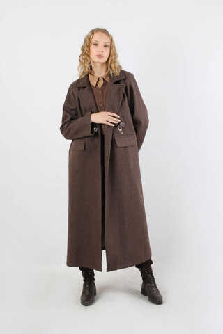 Kruvaze Tokalı Uzun Kaban Kahverengi - 3