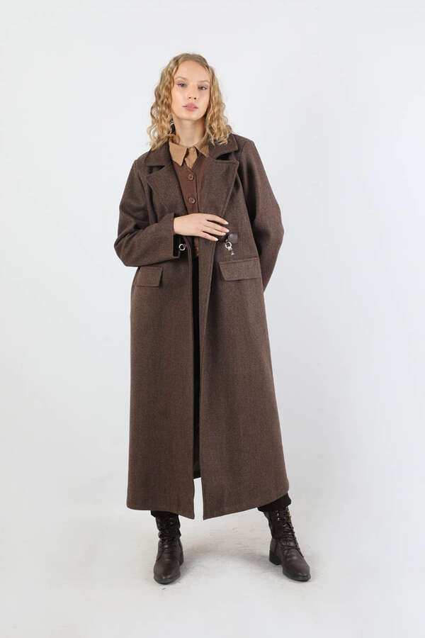 Kruvaze Tokalı Uzun Kaban Kahverengi - 3