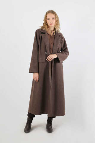 Kruvaze Tokalı Uzun Kaban Kahverengi - 1