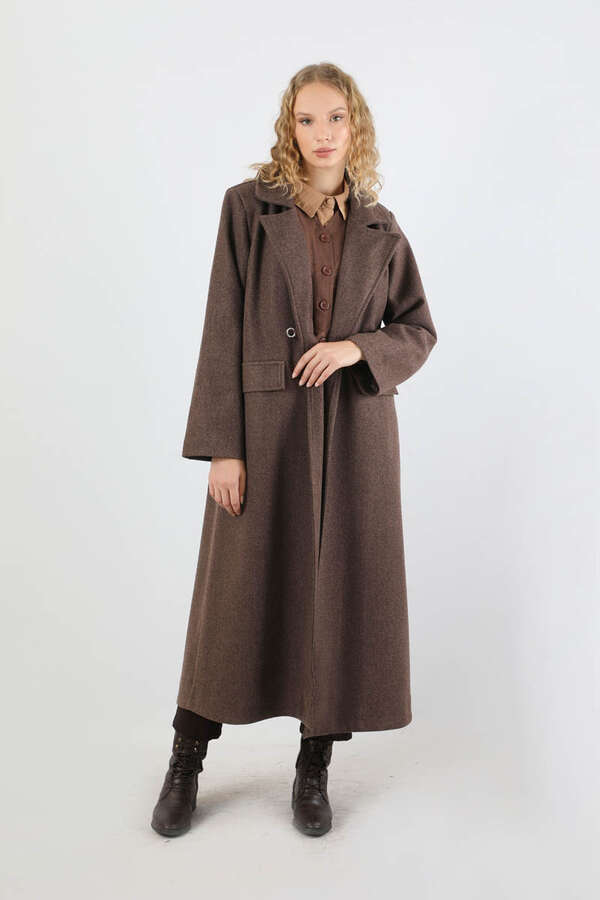 Kruvaze Tokalı Uzun Kaban Kahverengi - 1