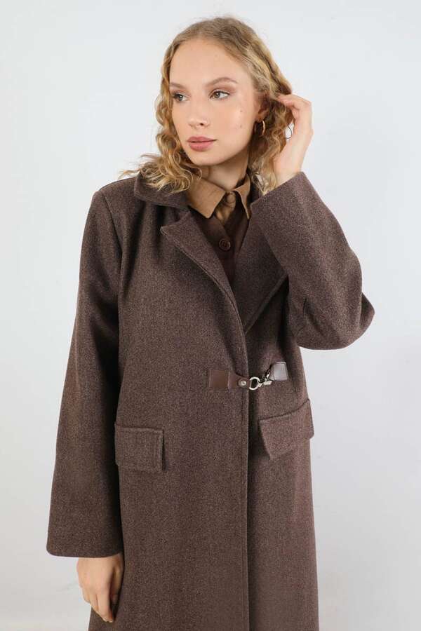 Kruvaze Tokalı Uzun Kaban Kahverengi - 4