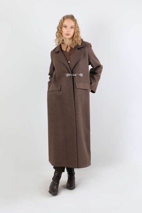 Kruvaze Tokalı Uzun Kaban Kahverengi - 5