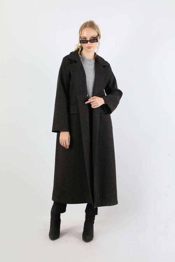 Kruvaze Tokalı Uzun Kaban Siyah - 1