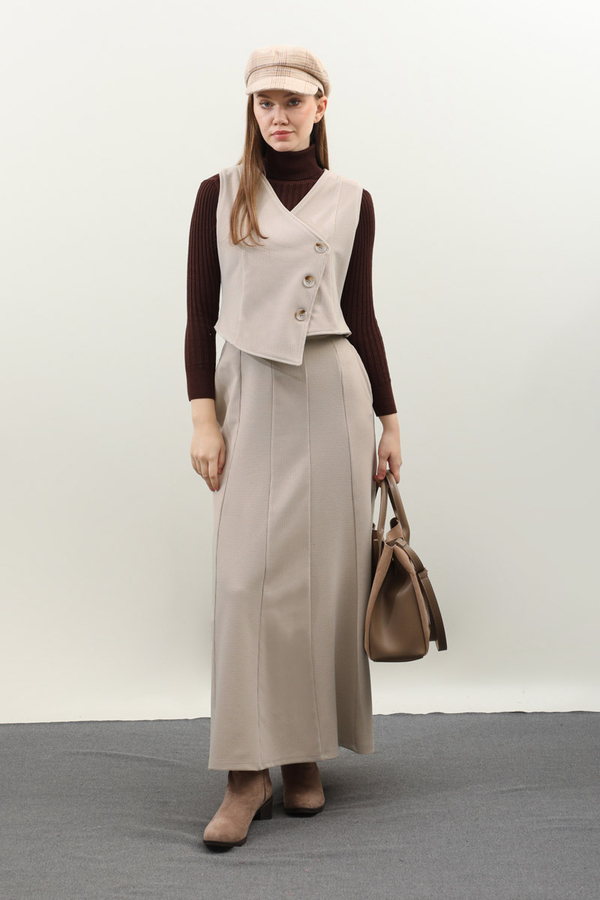 Kruvaze Yelekli Takım Krem - 3