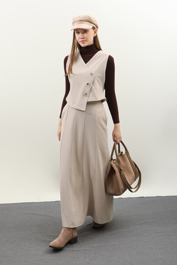 Kruvaze Yelekli Takım Krem - 2