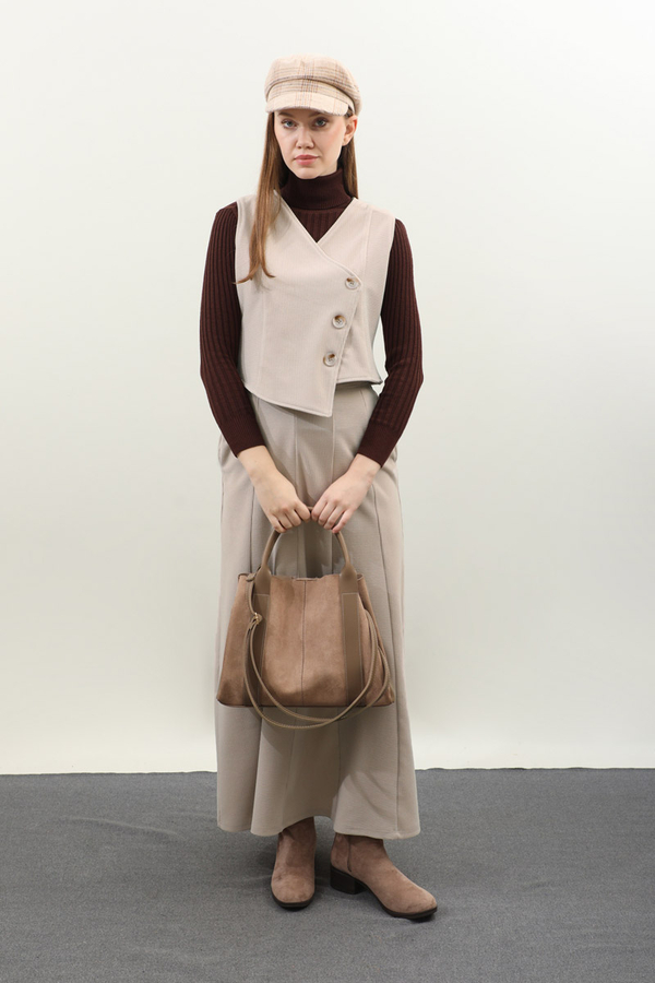 Kruvaze Yelekli Takım Krem - 4