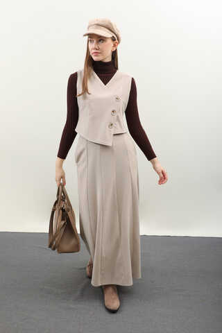 Kruvaze Yelekli Takım Krem - 5