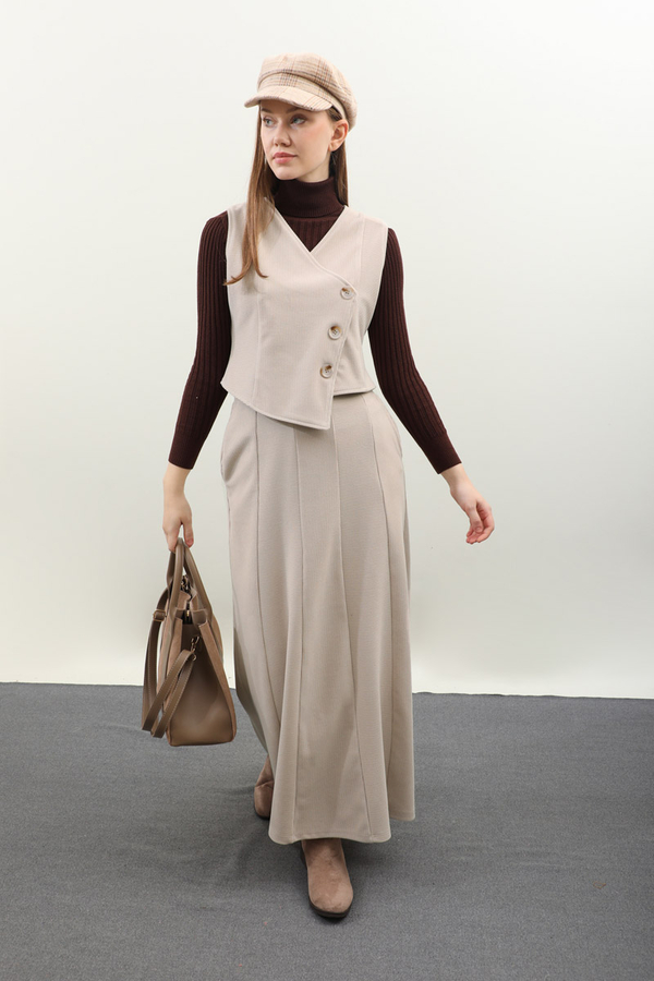 Kruvaze Yelekli Takım Krem - 5