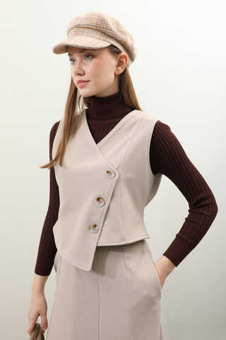 Kruvaze Yelekli Takım Krem - 8