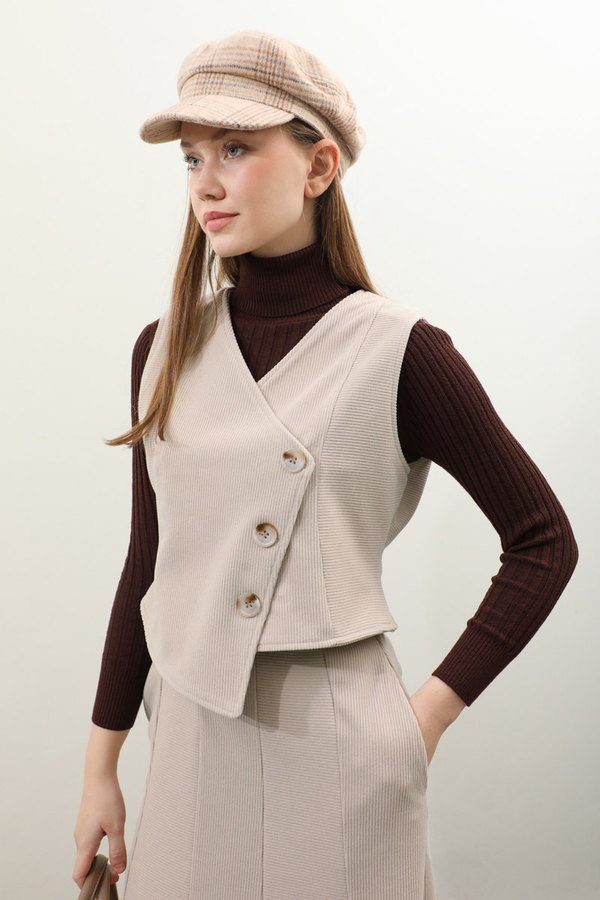 Kruvaze Yelekli Takım Krem - 8