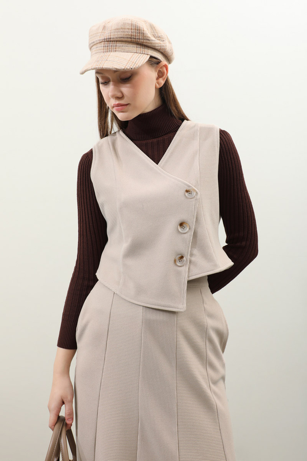 Kruvaze Yelekli Takım Krem - 1