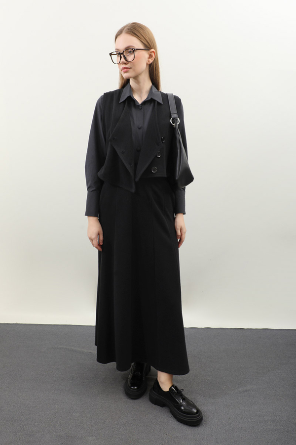 Kruvaze Yelekli Takım Siyah 