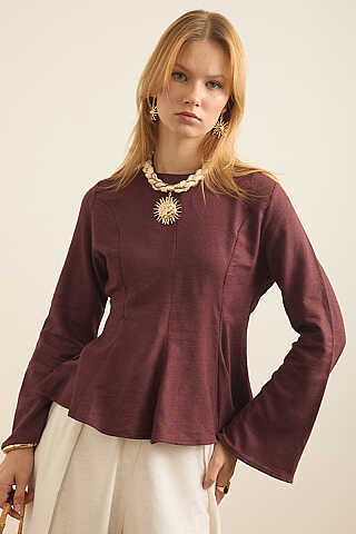 Kuplu Keten Bluz Bordo - 1